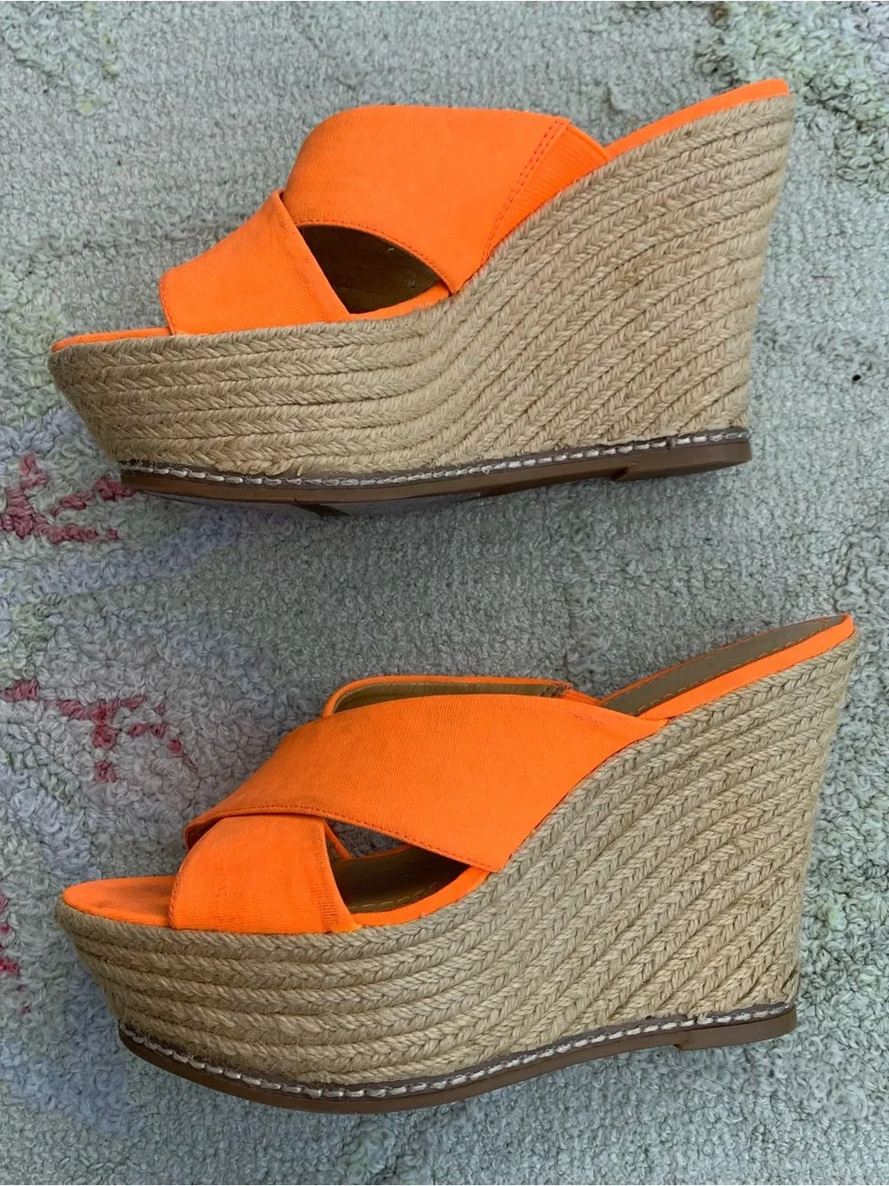 Vintage Y2K Nine West Neon Orange Criss-Cross Platform Wedge Slide Sandals